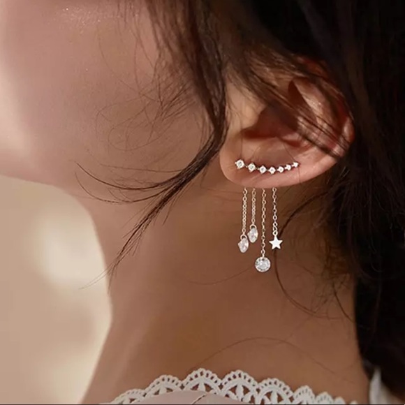 925 Silver Ear climber Crystal Tassel Earrings - Picture 3 of 4